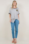 ELBOW SLEEVE CONTRAST BINDING FRONT TWIST HANDKERCHIEF HEM TOP - T11289