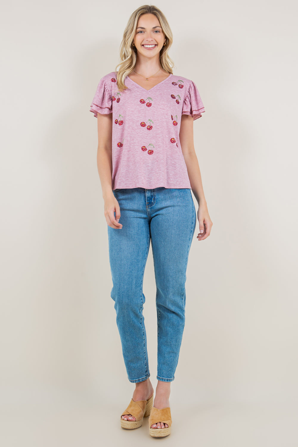 DOUBLE RUFFLE WITH CONTRAST MARROW EDGE V NECK SWING TOP - T11290-J23007