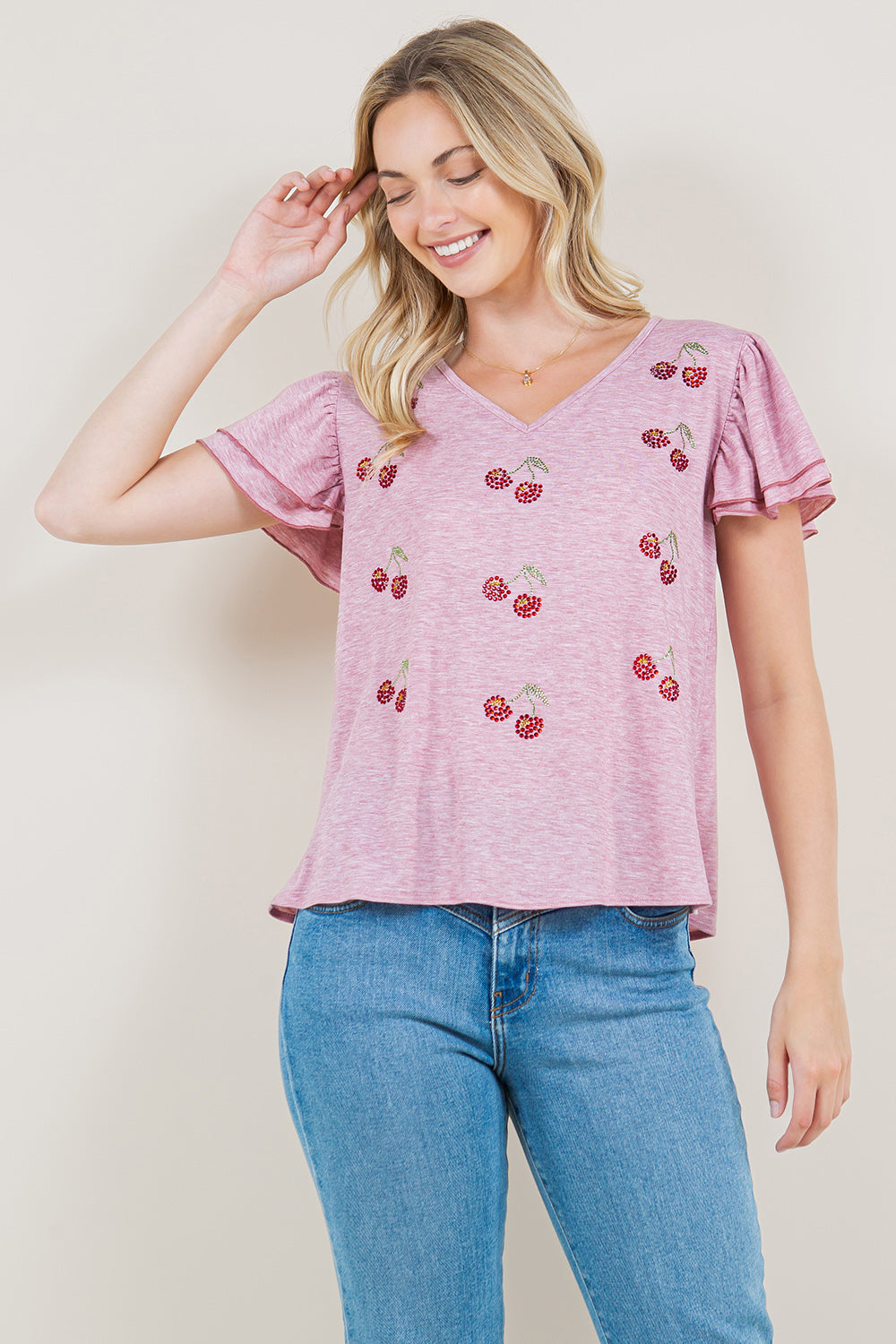DOUBLE RUFFLE WITH CONTRAST MARROW EDGE V NECK SWING TOP - T11290-J23007