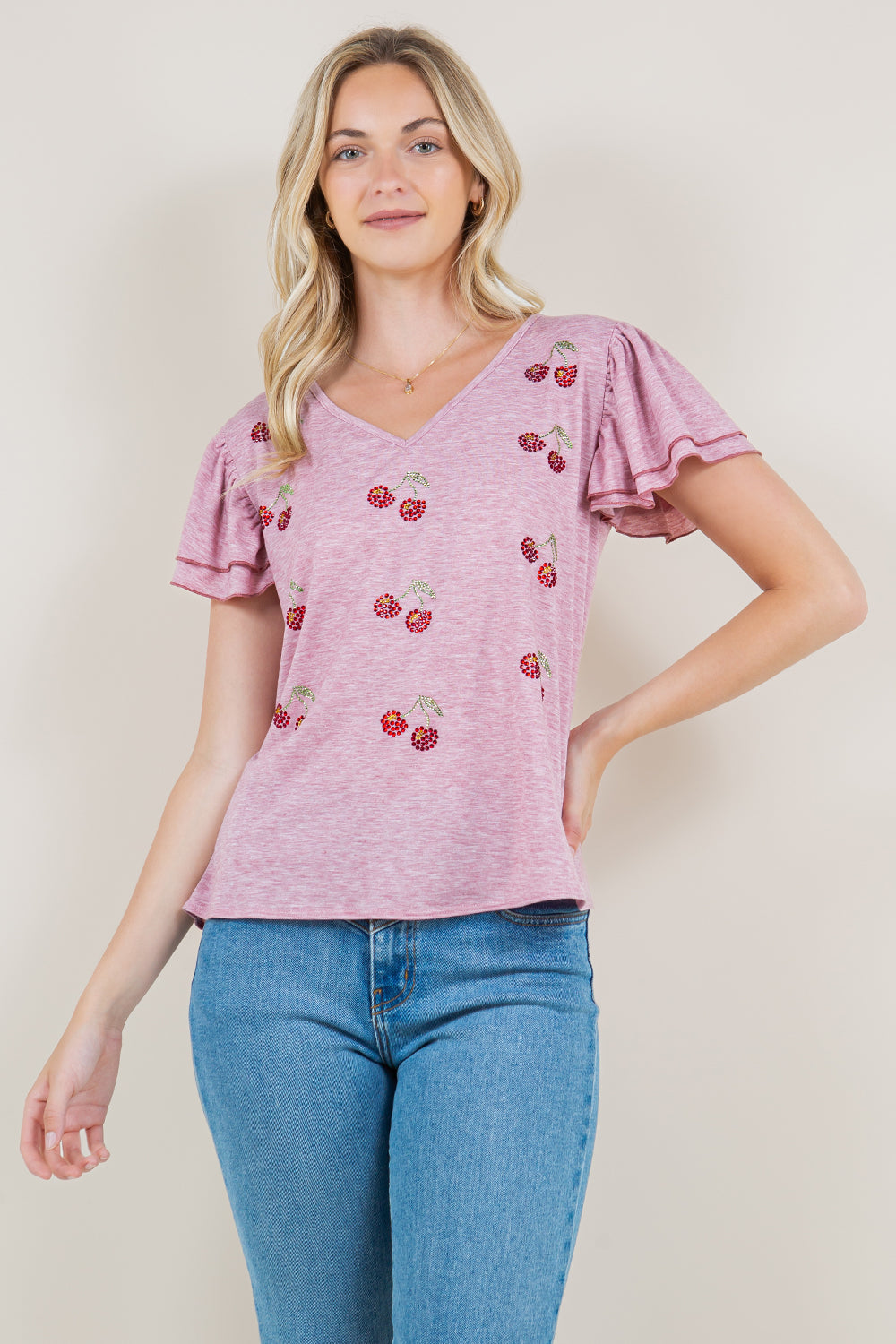 DOUBLE RUFFLE WITH CONTRAST MARROW EDGE V NECK SWING TOP - T11290-J23007