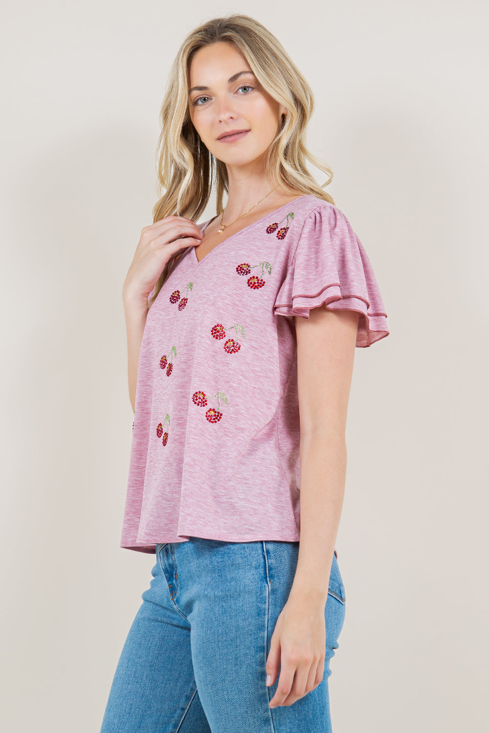 DOUBLE RUFFLE WITH CONTRAST MARROW EDGE V NECK SWING TOP - T11290-J23007