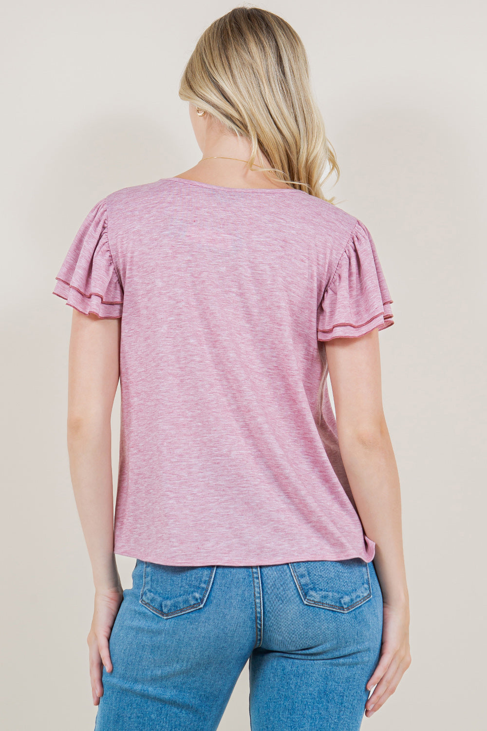 DOUBLE RUFFLE WITH CONTRAST MARROW EDGE V NECK SWING TOP - T11290-J23007