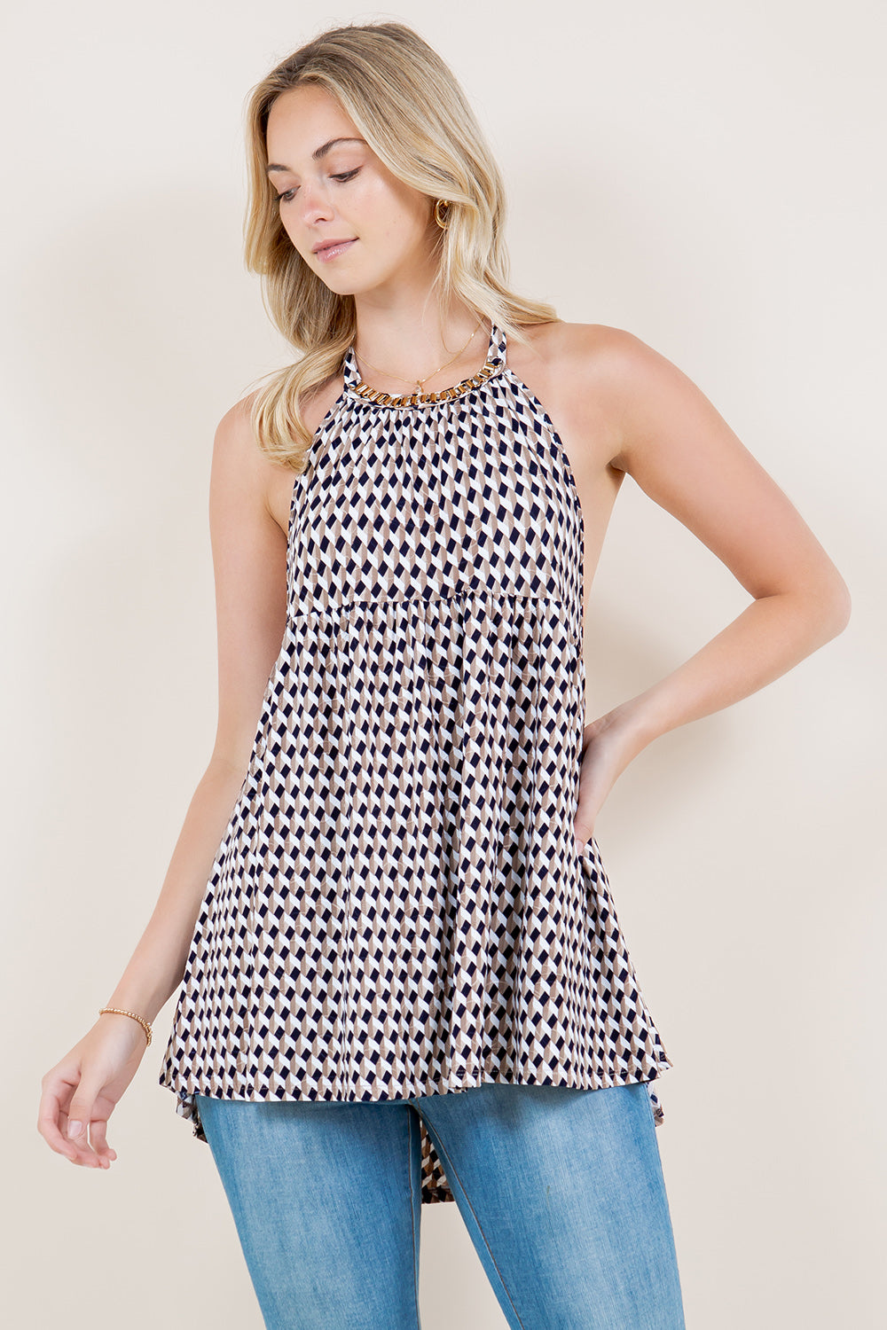 CHAIN DETAIL HALTER BOW TIE TOP - T11312-1128-8-JQITY