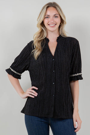 RUFFLE HEM/ELB SLV AND NK BUTTONED TOP - T11322-DSJR-6175