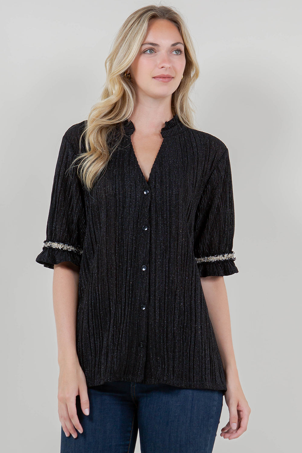 RUFFLE HEM/ELB SLV AND NK BUTTONED TOP - T11322-DSJR-6175