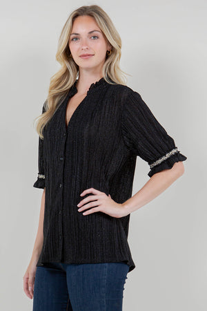 RUFFLE HEM/ELB SLV AND NK BUTTONED TOP - T11322-DSJR-6175