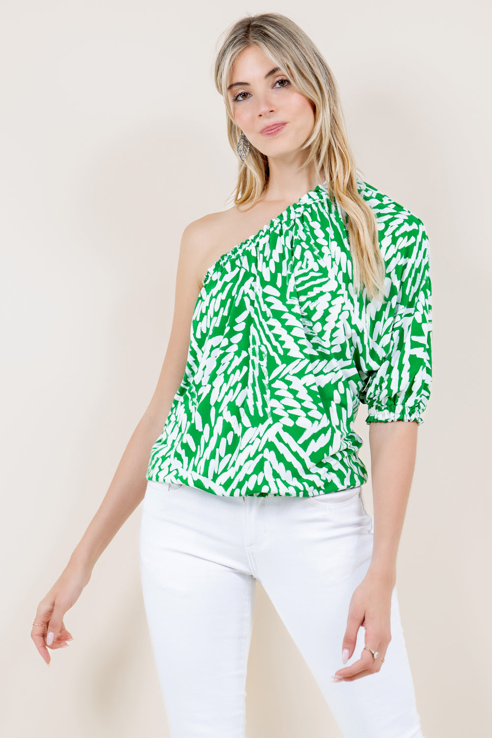 ONE SHOULDER ELBOW SLEEVE RUCHED TOP - T11323-A2814-6