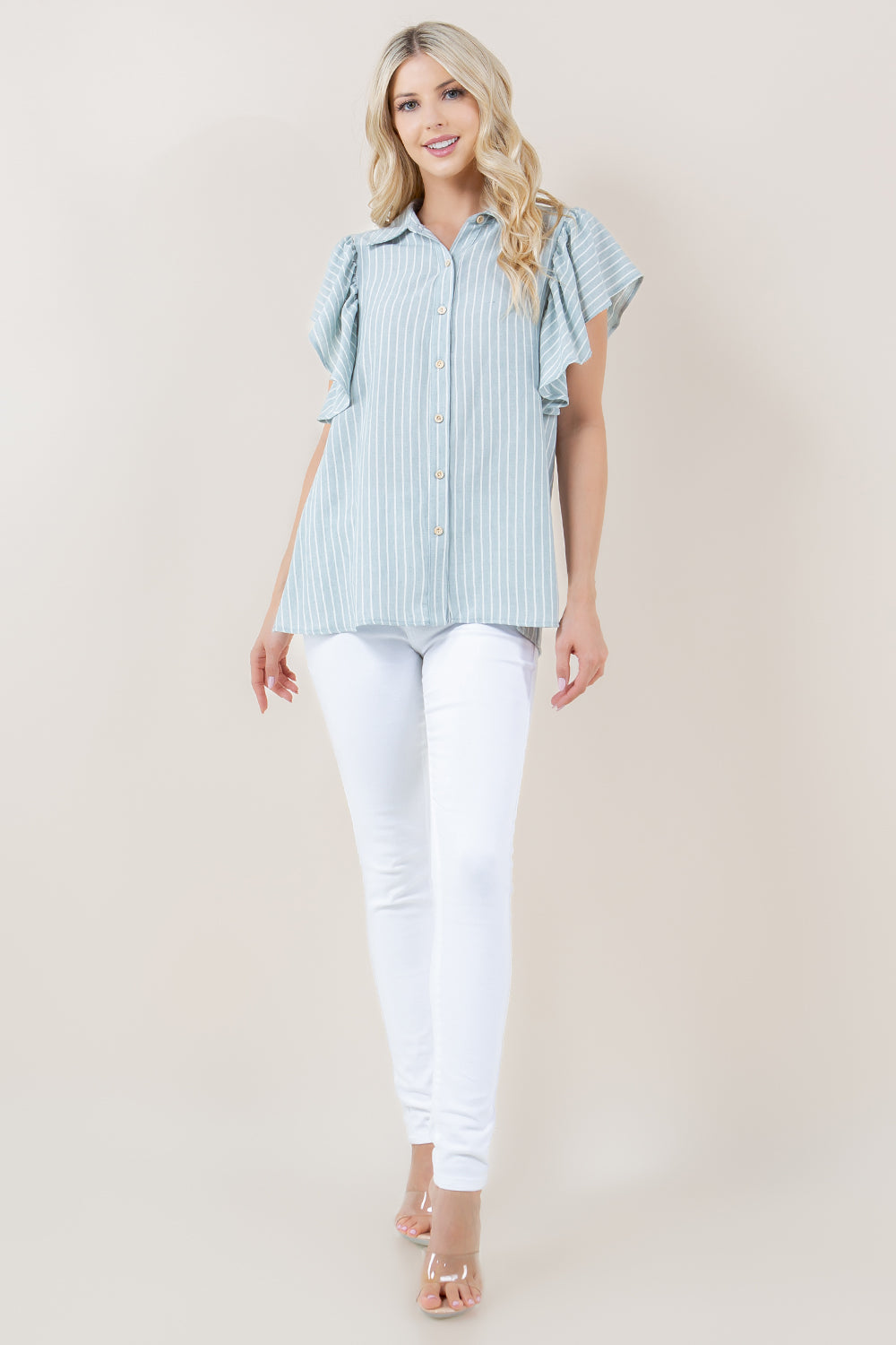 RUFFLE SLEEVES BUTTON FRONT TOP - T11327-0092