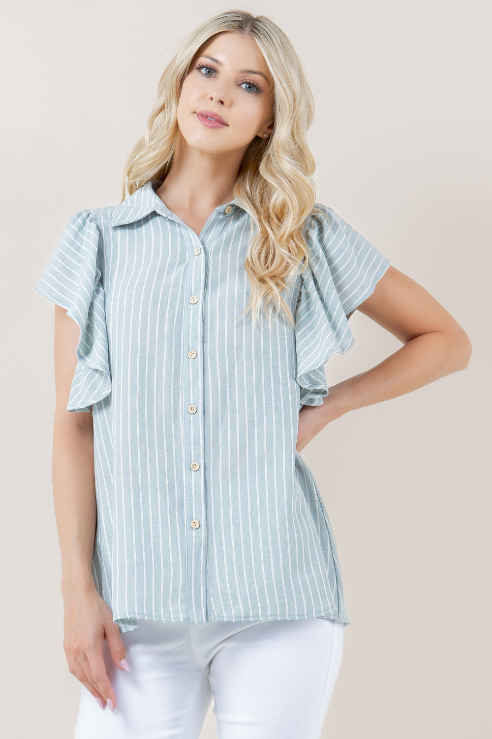 RUFFLE SLEEVES BUTTON FRONT TOP - T11327-0092