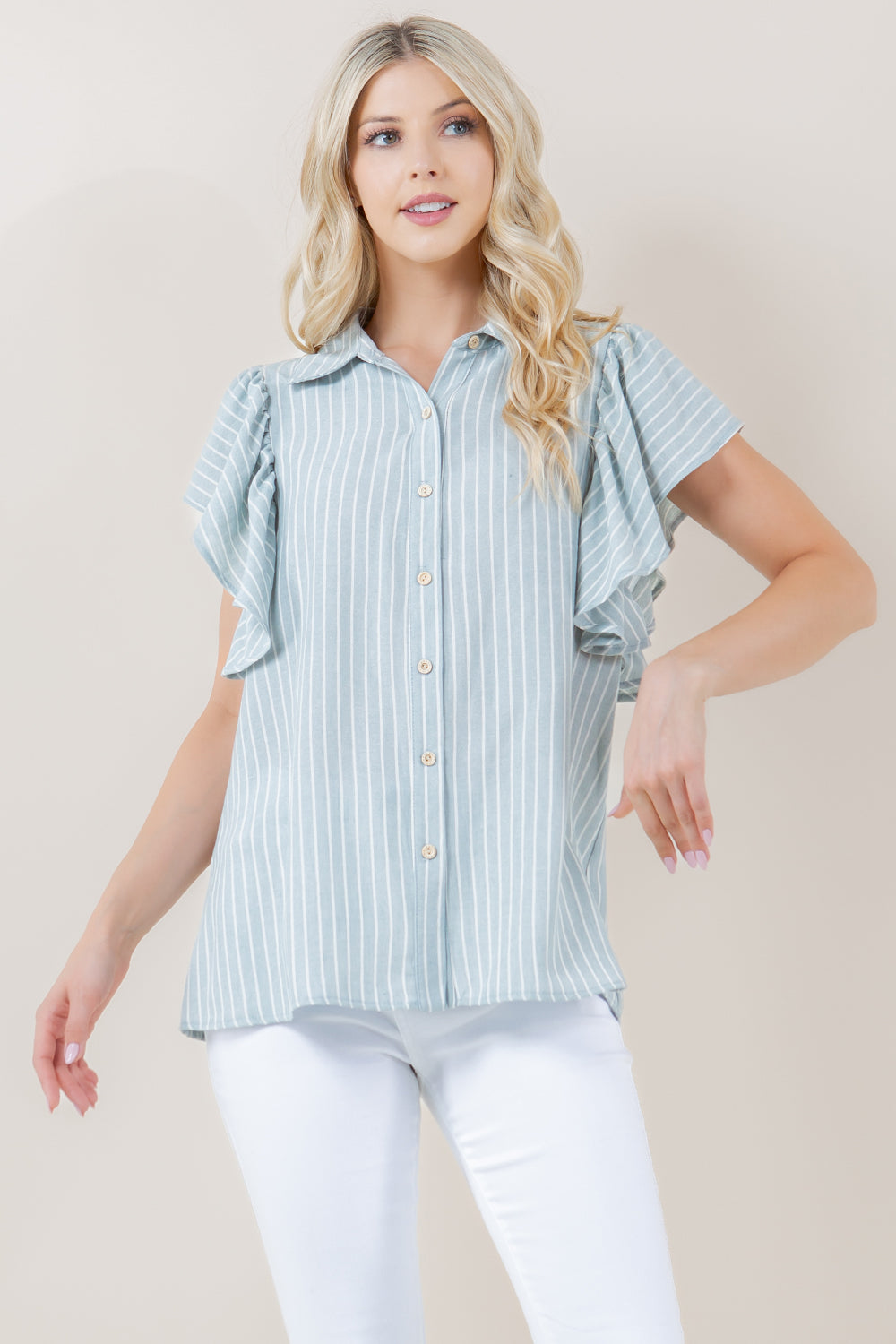 RUFFLE SLEEVES BUTTON FRONT TOP - T11327-0092