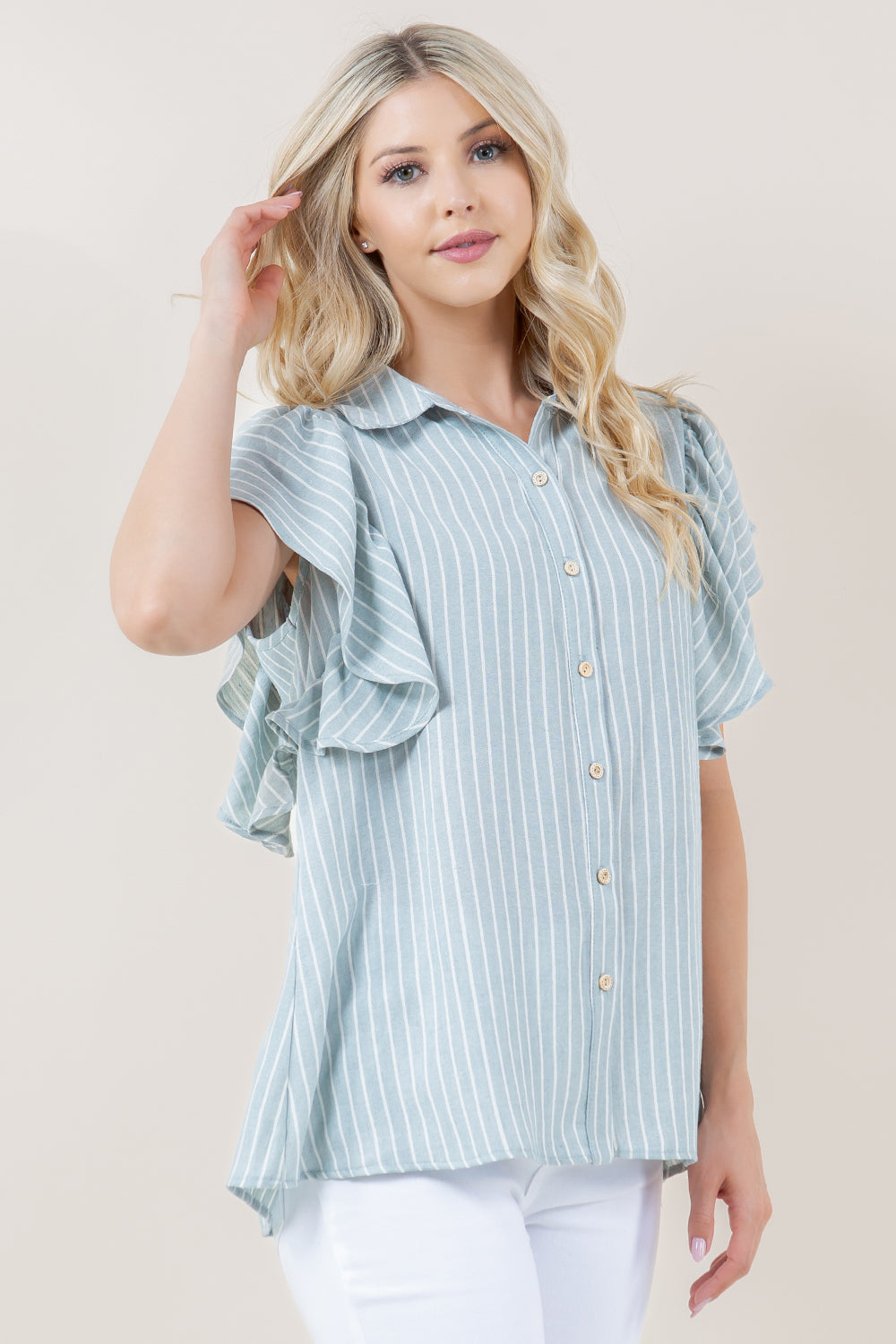 RUFFLE SLEEVES BUTTON FRONT TOP - T11327-0092