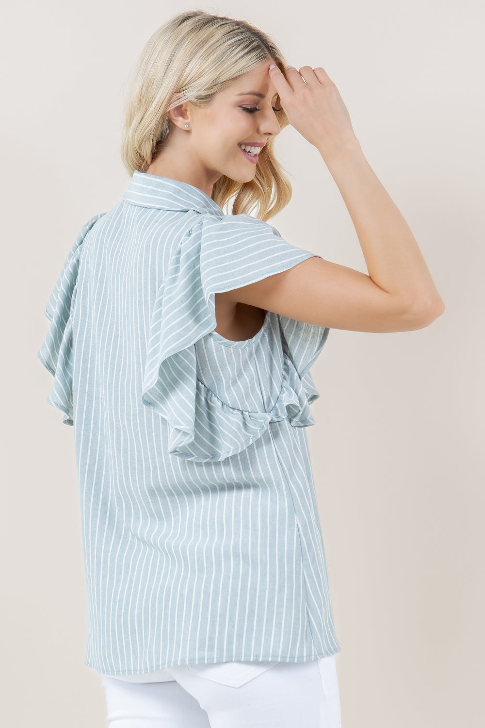 RUFFLE SLEEVES BUTTON FRONT TOP - T11327-0092