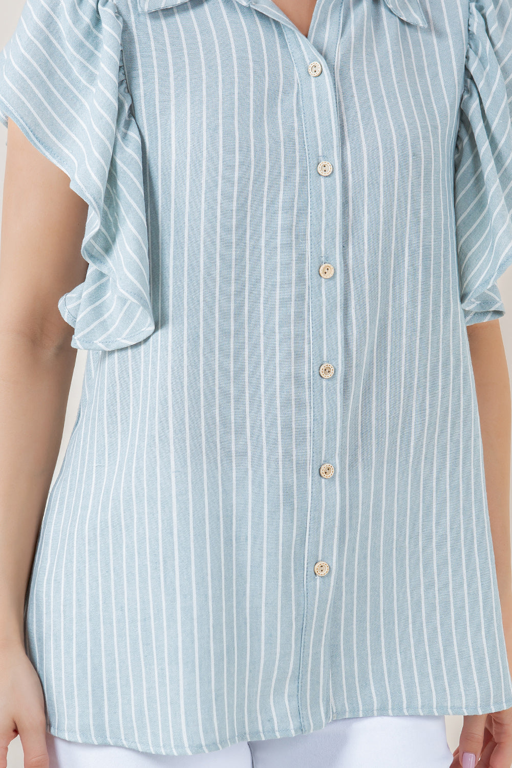 RUFFLE SLEEVES BUTTON FRONT TOP - T11327-0092