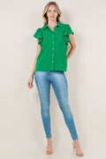 RUFFLE SS BUTTON FRONT TOP - T11327-AFLW-GREEN