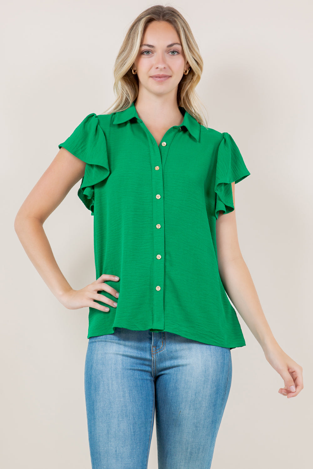 RUFFLE SS BUTTON FRONT TOP - T11327-AFLW-GREEN