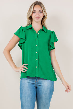 RUFFLE SS BUTTON FRONT TOP - T11327-AFLW-GREEN