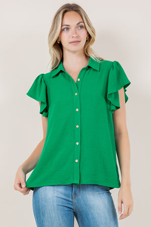 RUFFLE SS BUTTON FRONT TOP - T11327-AFLW-GREEN