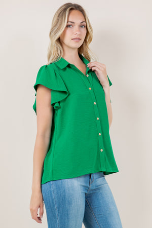 RUFFLE SS BUTTON FRONT TOP - T11327-AFLW-GREEN