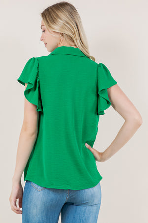 RUFFLE SS BUTTON FRONT TOP - T11327-AFLW-GREEN