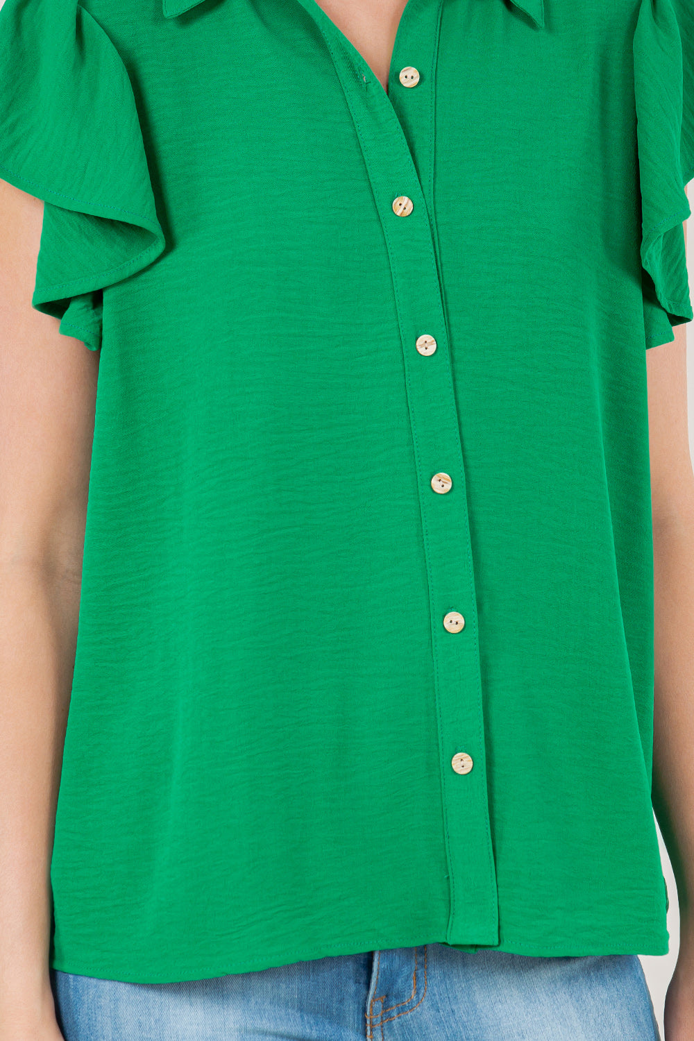 RUFFLE SS BUTTON FRONT TOP - T11327-AFLW-GREEN