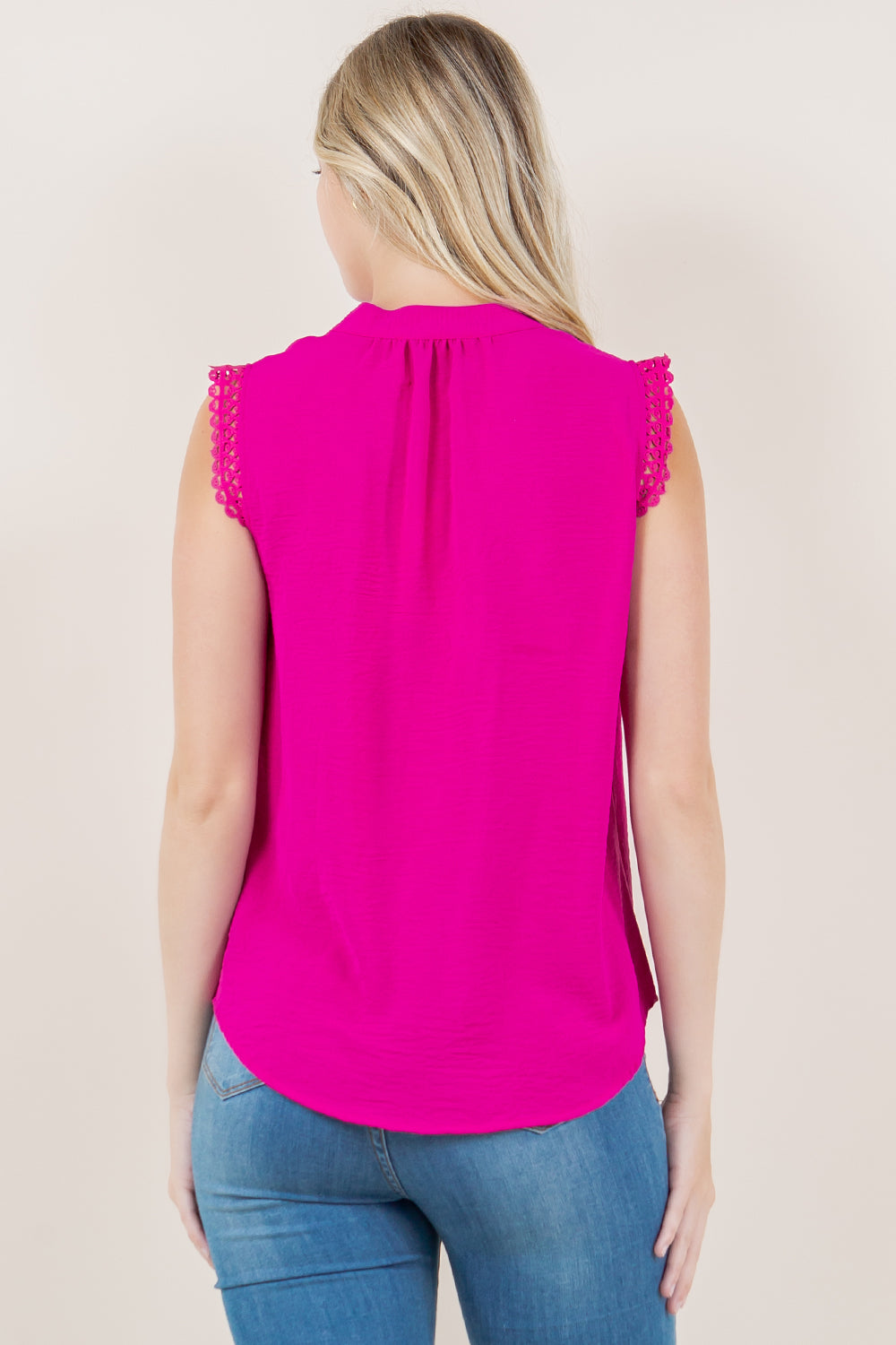 SCALLOP EDGE LACE SHOULDER MANDARIN COLLAR TOP - T11336-AFLW-PINK
