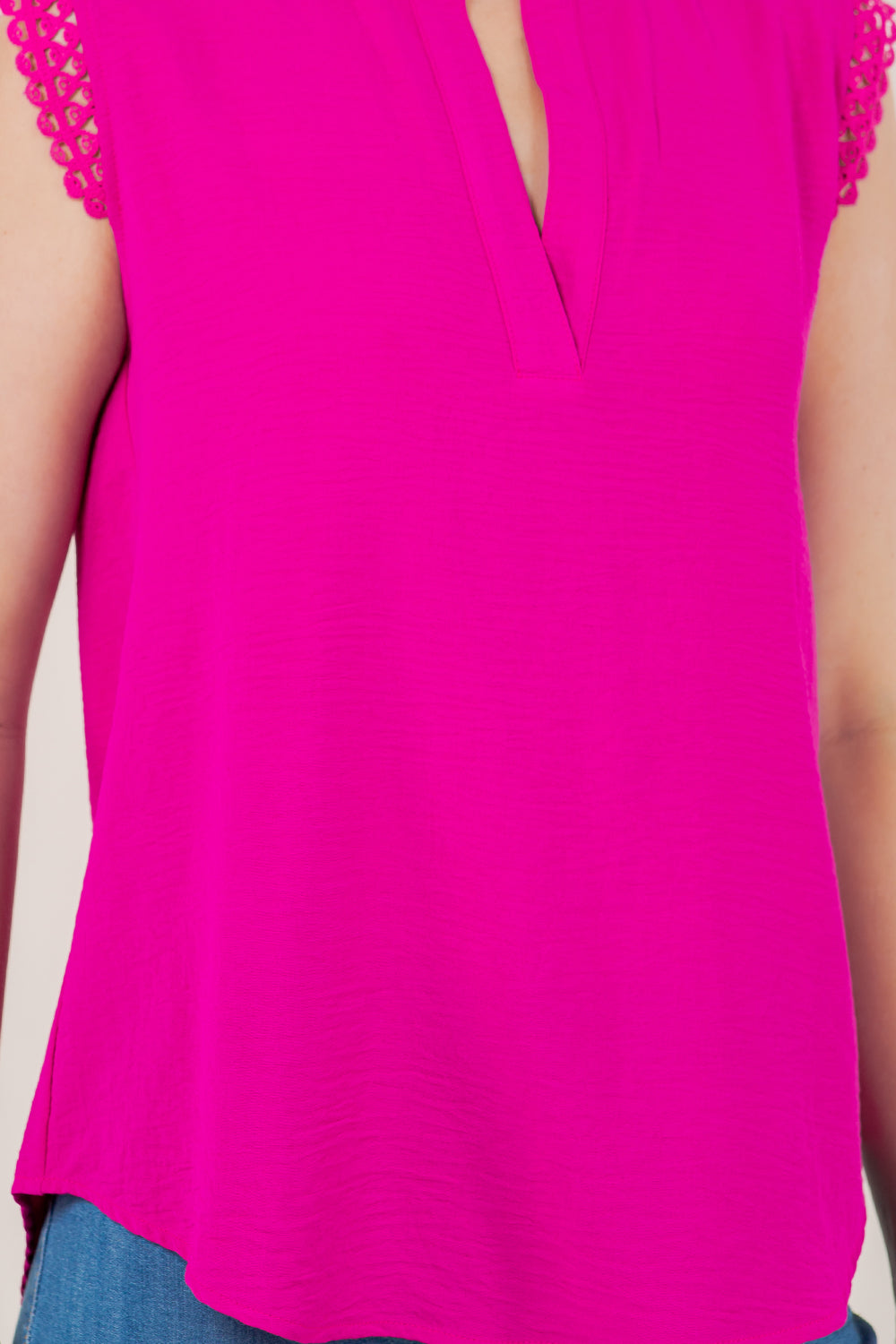 SCALLOP EDGE LACE SHOULDER MANDARIN COLLAR TOP - T11336-AFLW-PINK
