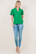DOUBLE RUFFLE SLEEVE PLACKET NOTCH TOP - T11347-AFLW-GREEN