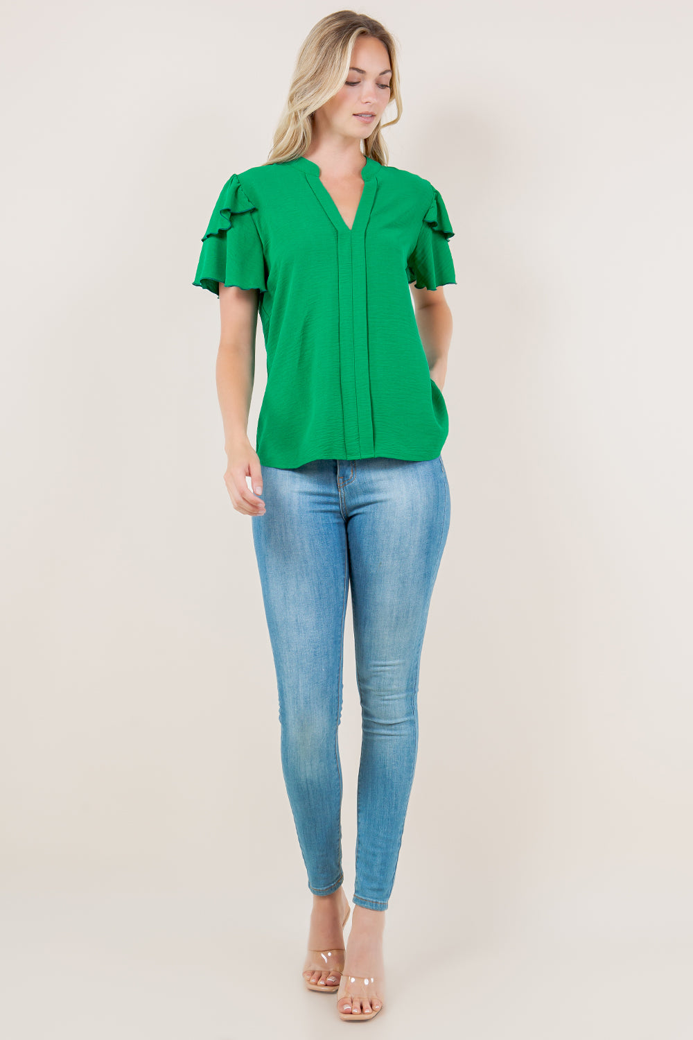 DOUBLE RUFFLE SLEEVE PLACKET NOTCH TOP - T11347-AFLW-GREEN