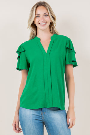 DOUBLE RUFFLE SLEEVE PLACKET NOTCH TOP - T11347-AFLW-GREEN