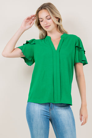 DOUBLE RUFFLE SLEEVE PLACKET NOTCH TOP - T11347-AFLW-GREEN