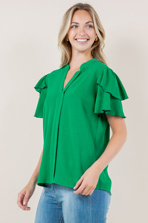DOUBLE RUFFLE SLEEVE PLACKET NOTCH TOP - T11347-AFLW-GREEN