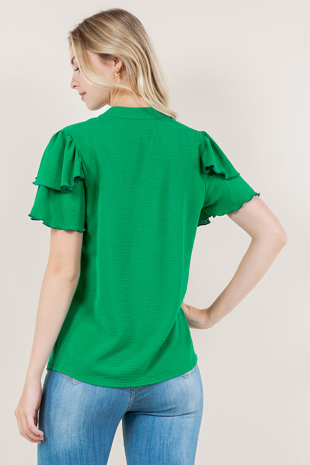 DOUBLE RUFFLE SLEEVE PLACKET NOTCH TOP - T11347-AFLW-GREEN