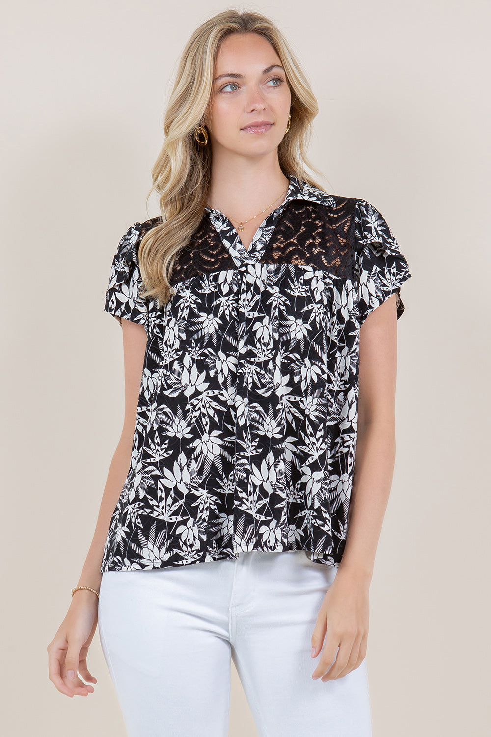 LACE YOKE TULIP SLEEVE TOP - T11366-1269-3-JQITY