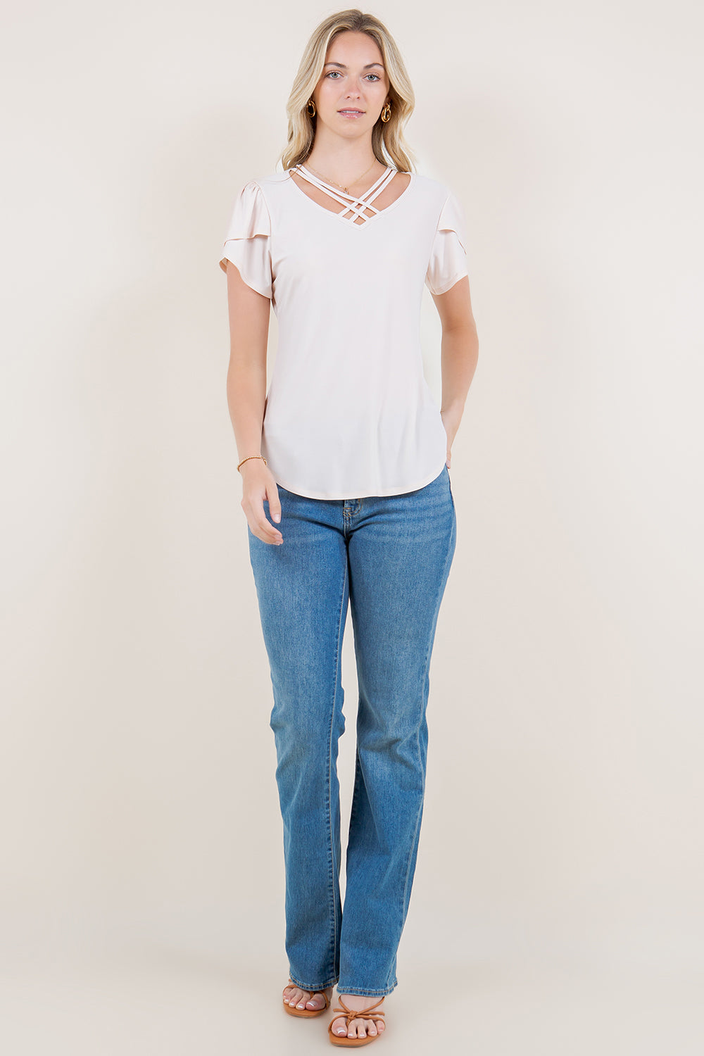 SS TULIP V-NECK LATTICE TOP - T11390-ITY