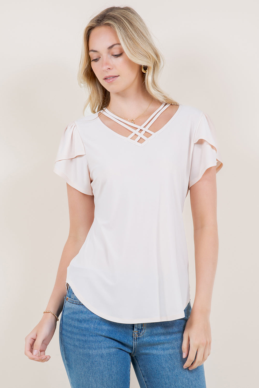 SS TULIP V-NECK LATTICE TOP - T11390-ITY