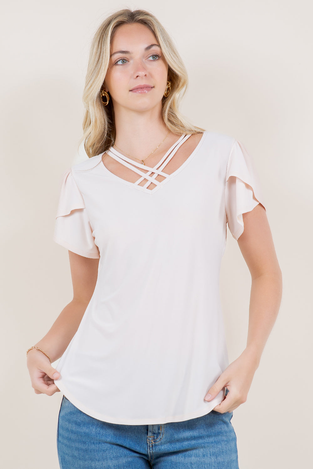 SS TULIP V-NECK LATTICE TOP - T11390-ITY