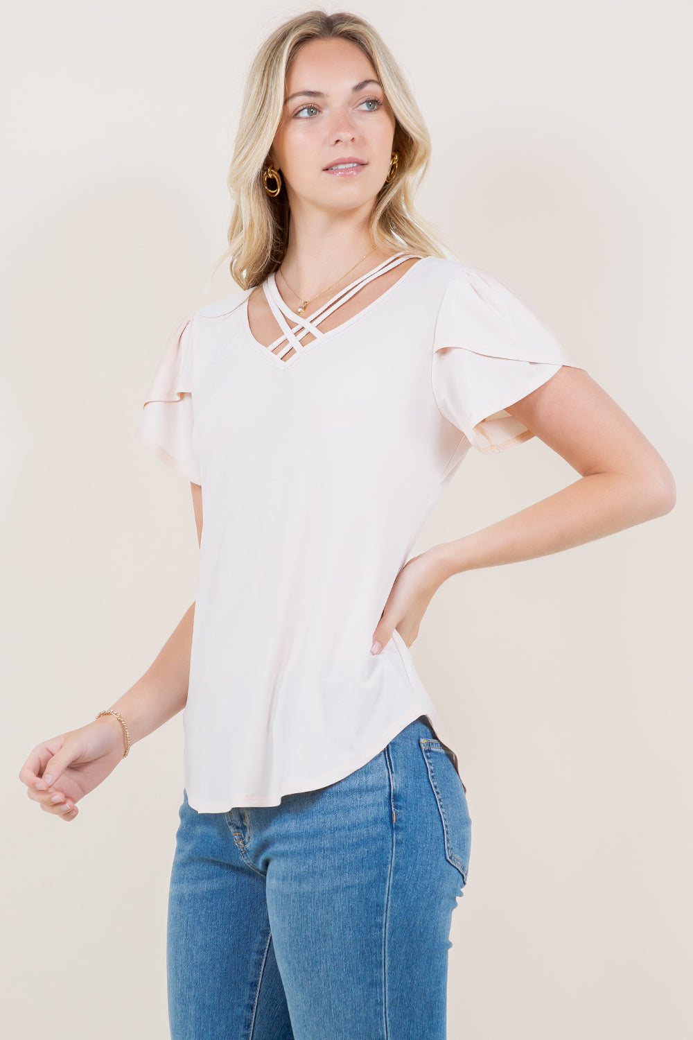 SS TULIP V-NECK LATTICE TOP - T11390-ITY