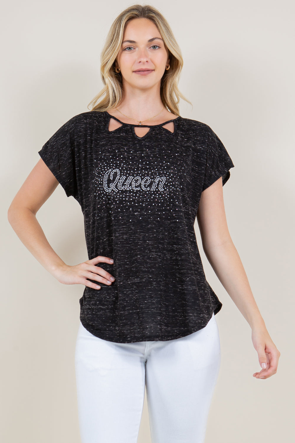 SHORT SLEEVE CUT OUT NECK TOP - T11408