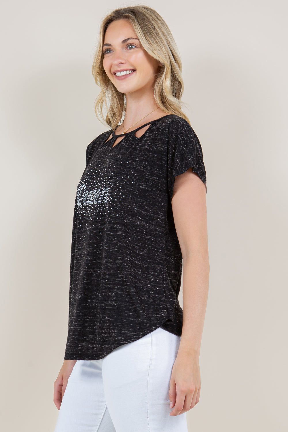 SHORT SLEEVE CUT OUT NECK TOP - T11408