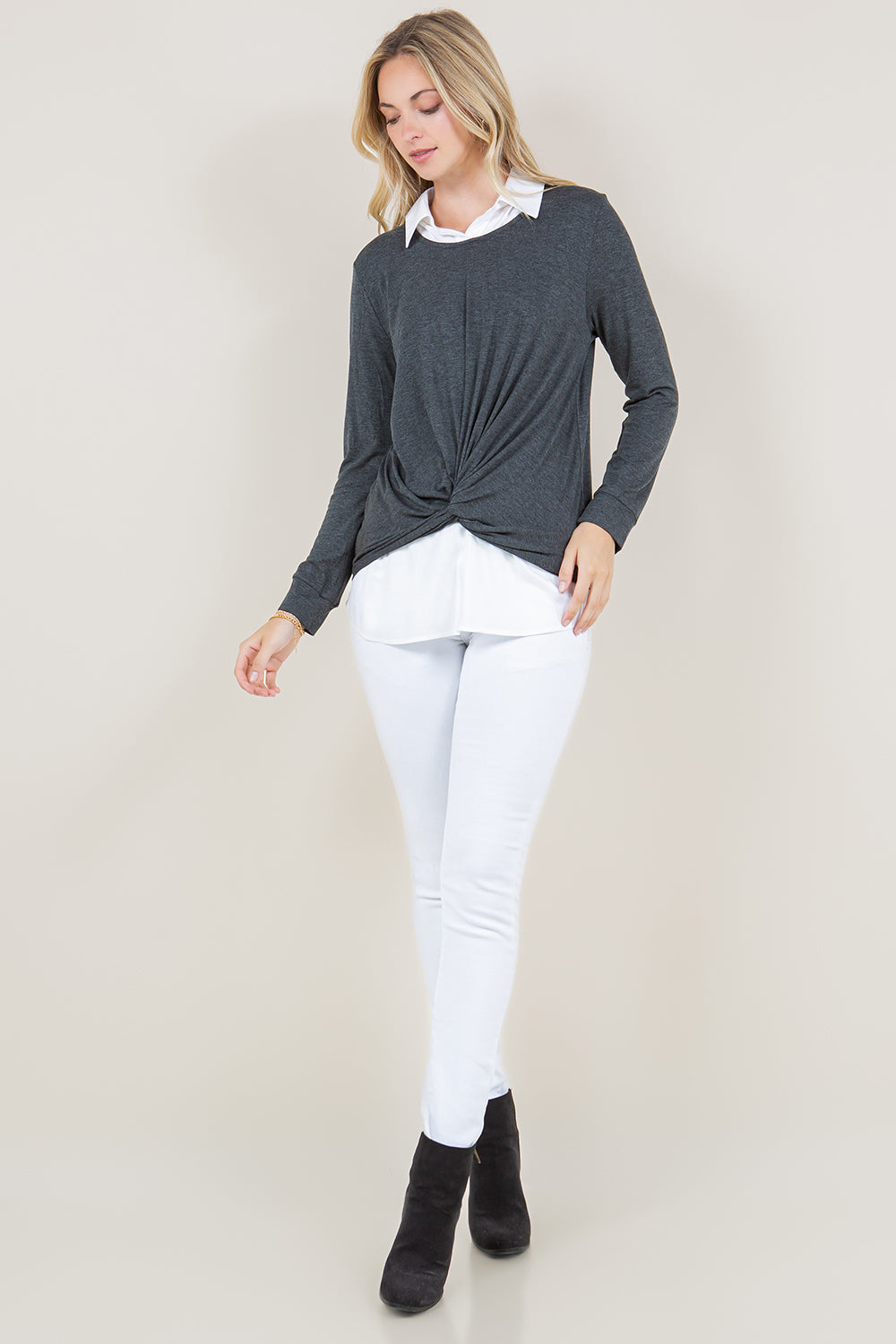 LS TWIST FRONT COLLAR SHIRT TWOFER TOP - T11431-RSJ-CHARCOAL