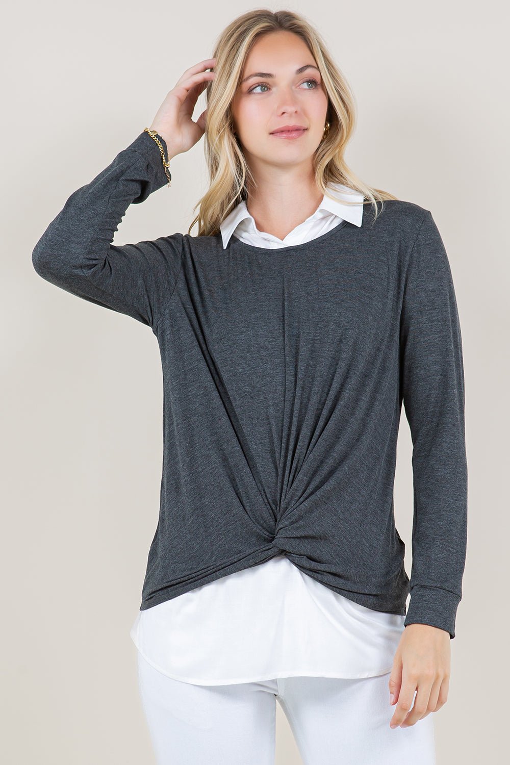 LS TWIST FRONT COLLAR SHIRT TWOFER TOP - T11431-RSJ-CHARCOAL