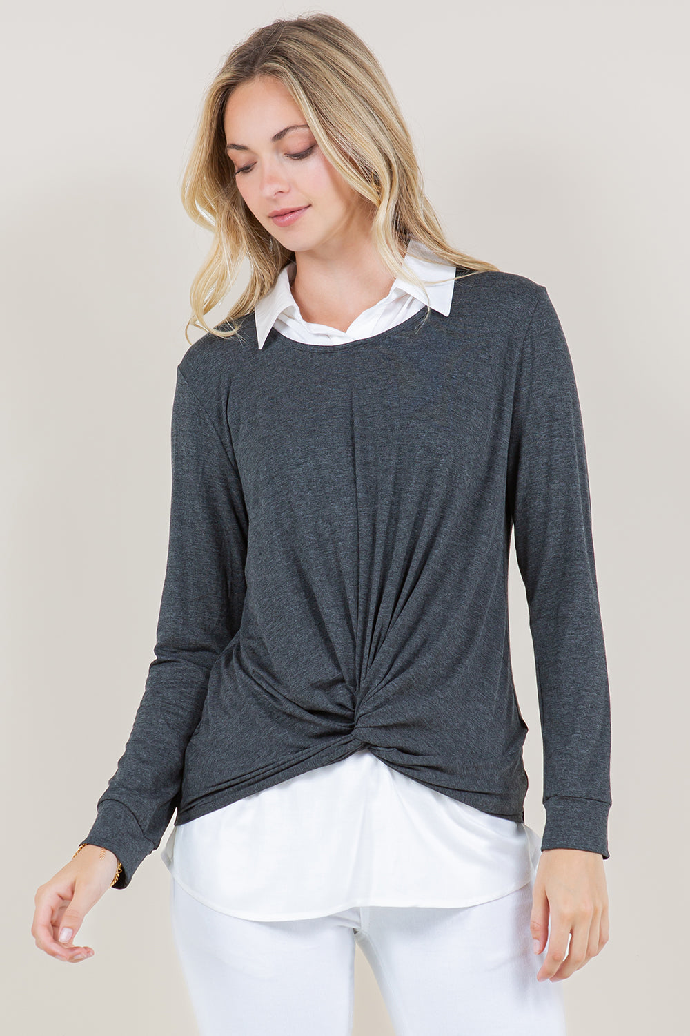 LS TWIST FRONT COLLAR SHIRT TWOFER TOP - T11431-RSJ-CHARCOAL