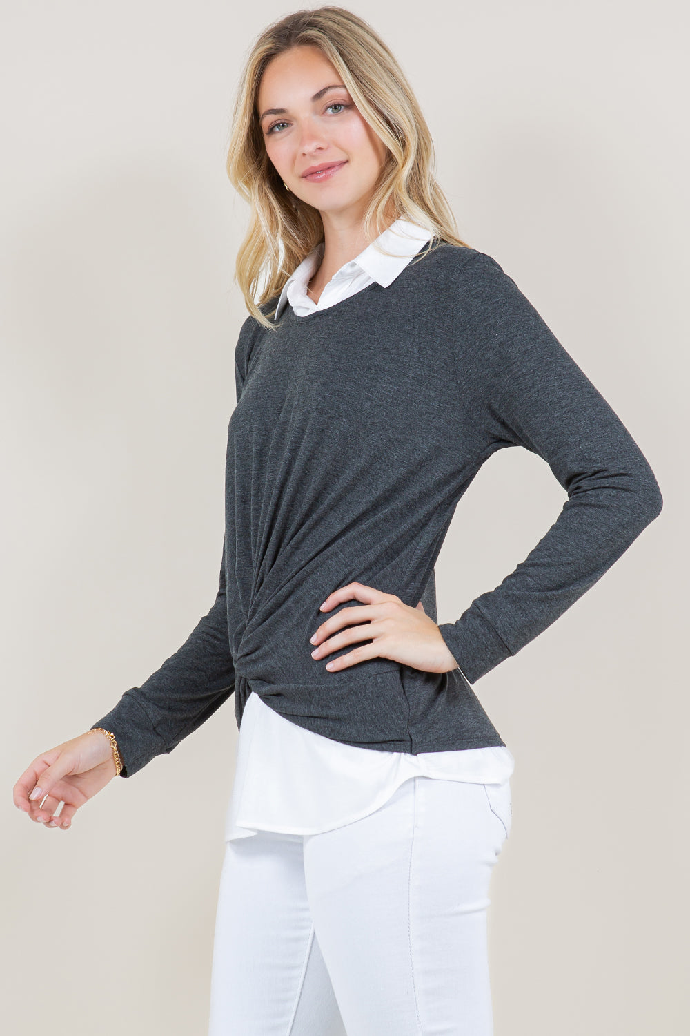 LS TWIST FRONT COLLAR SHIRT TWOFER TOP - T11431-RSJ-CHARCOAL
