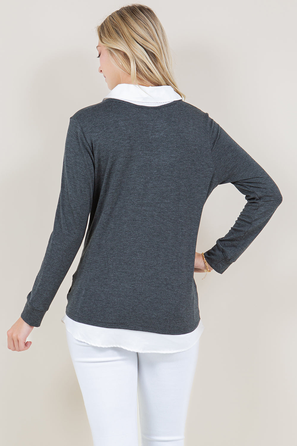 LS TWIST FRONT COLLAR SHIRT TWOFER TOP - T11431-RSJ-CHARCOAL