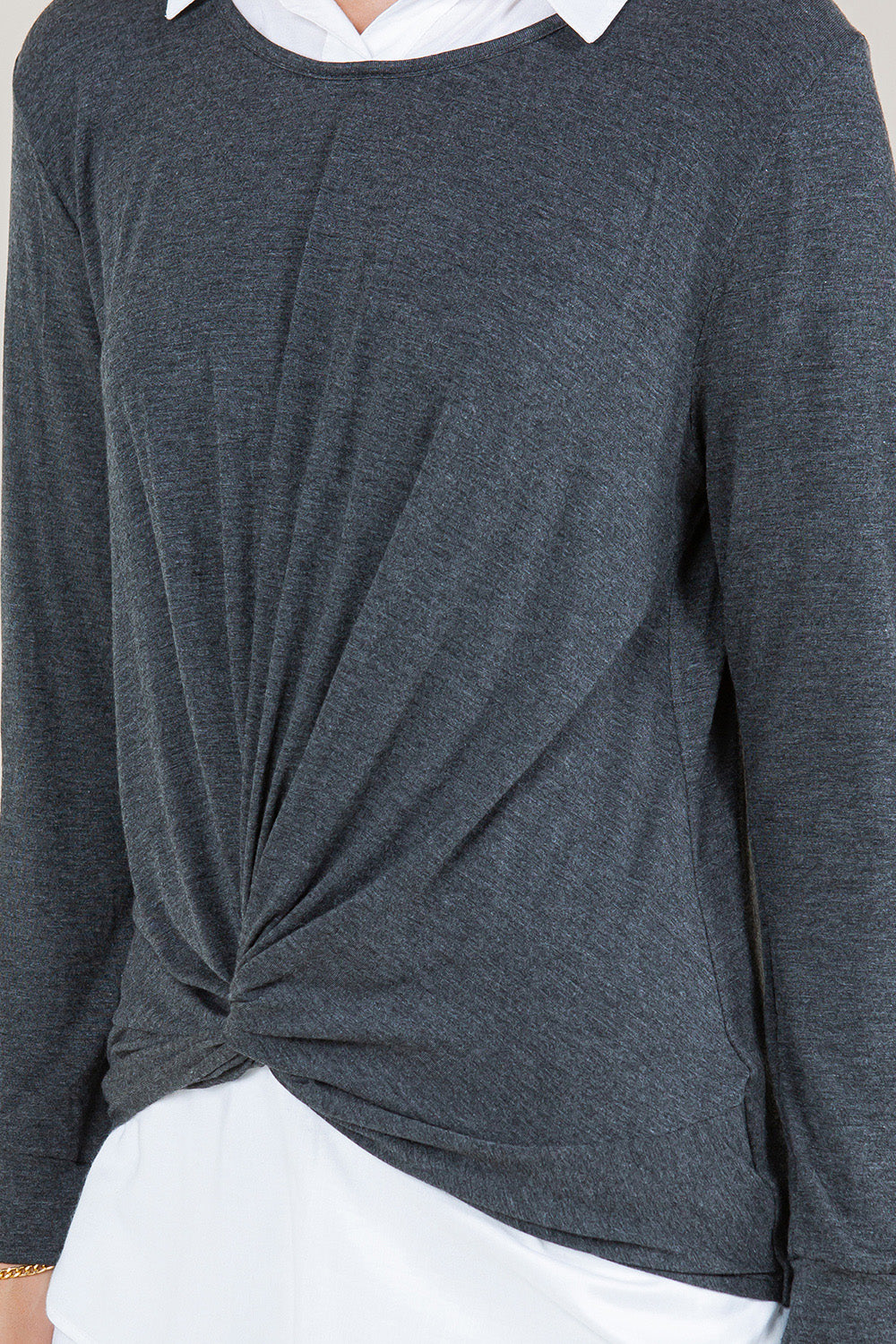 LS TWIST FRONT COLLAR SHIRT TWOFER TOP - T11431-RSJ-CHARCOAL