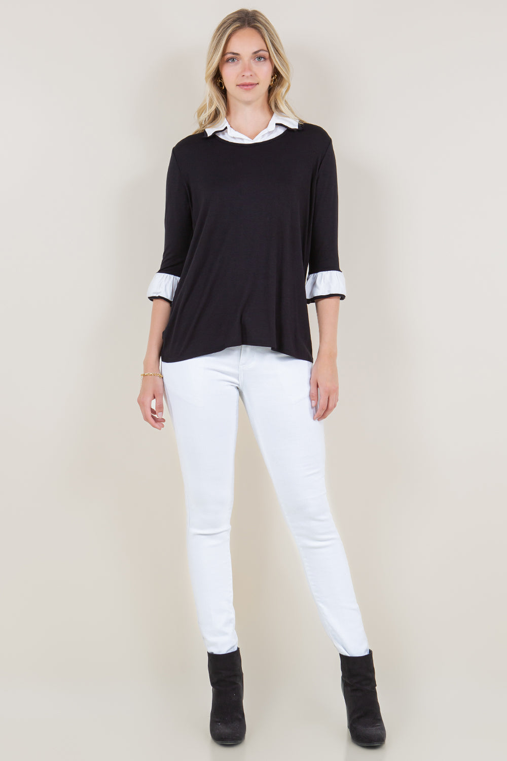 3/4 RUFFLE SLEEVE COLLAR SHIRT TWOFER TOP - T11432-RSJ-BLK