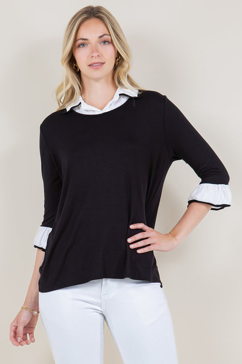3/4 RUFFLE SLEEVE COLLAR SHIRT TWOFER TOP - T11432-RSJ-BLK
