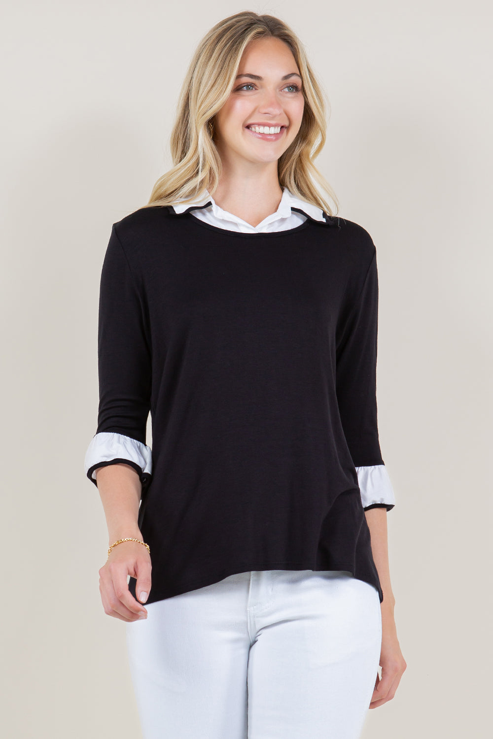 3/4 RUFFLE SLEEVE COLLAR SHIRT TWOFER TOP - T11432-RSJ-BLK