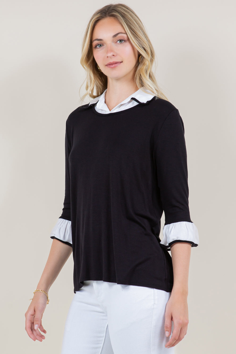 3/4 RUFFLE SLEEVE COLLAR SHIRT TWOFER TOP - T11432-RSJ-BLK