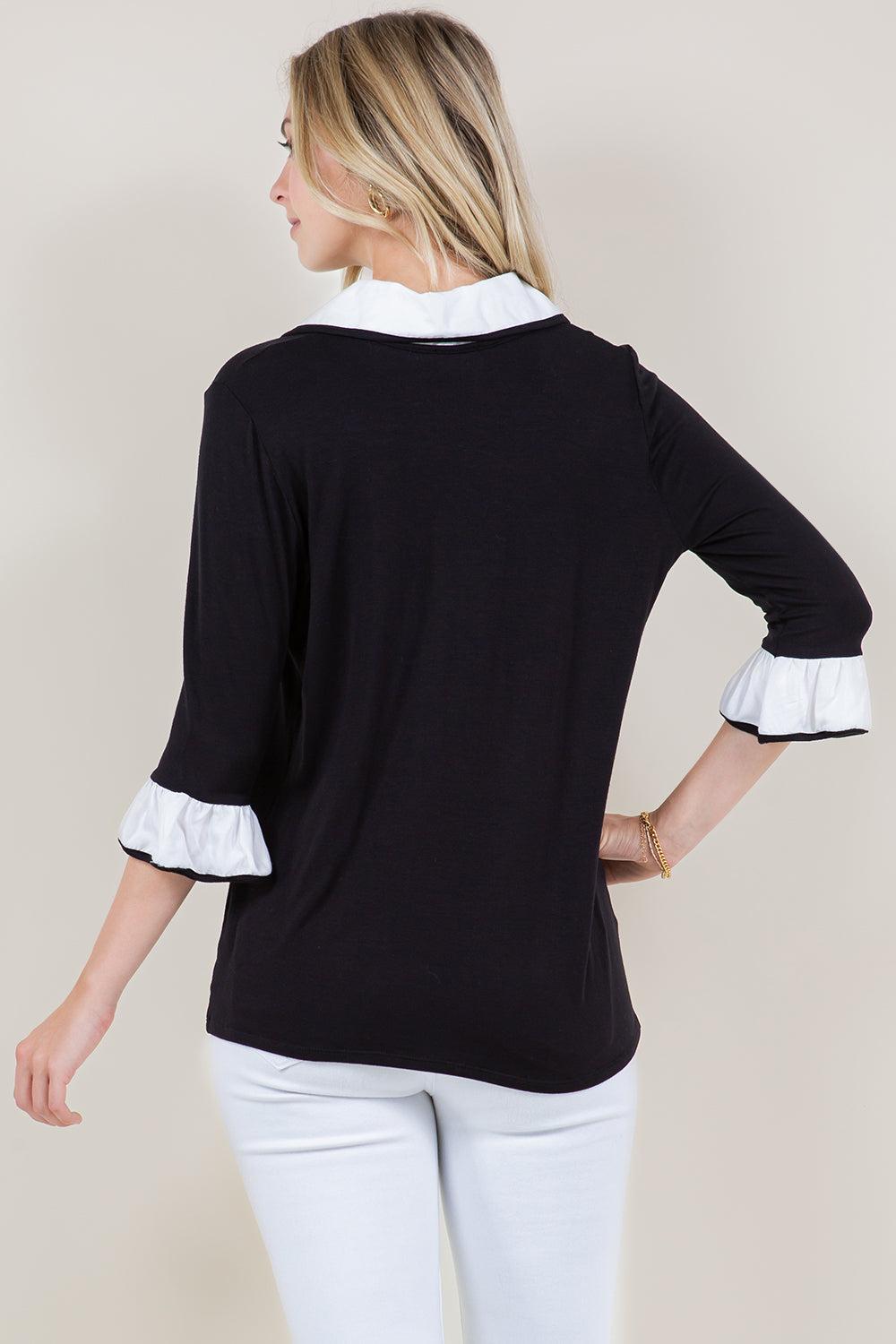 3/4 RUFFLE SLEEVE COLLAR SHIRT TWOFER TOP - T11432-RSJ-BLK